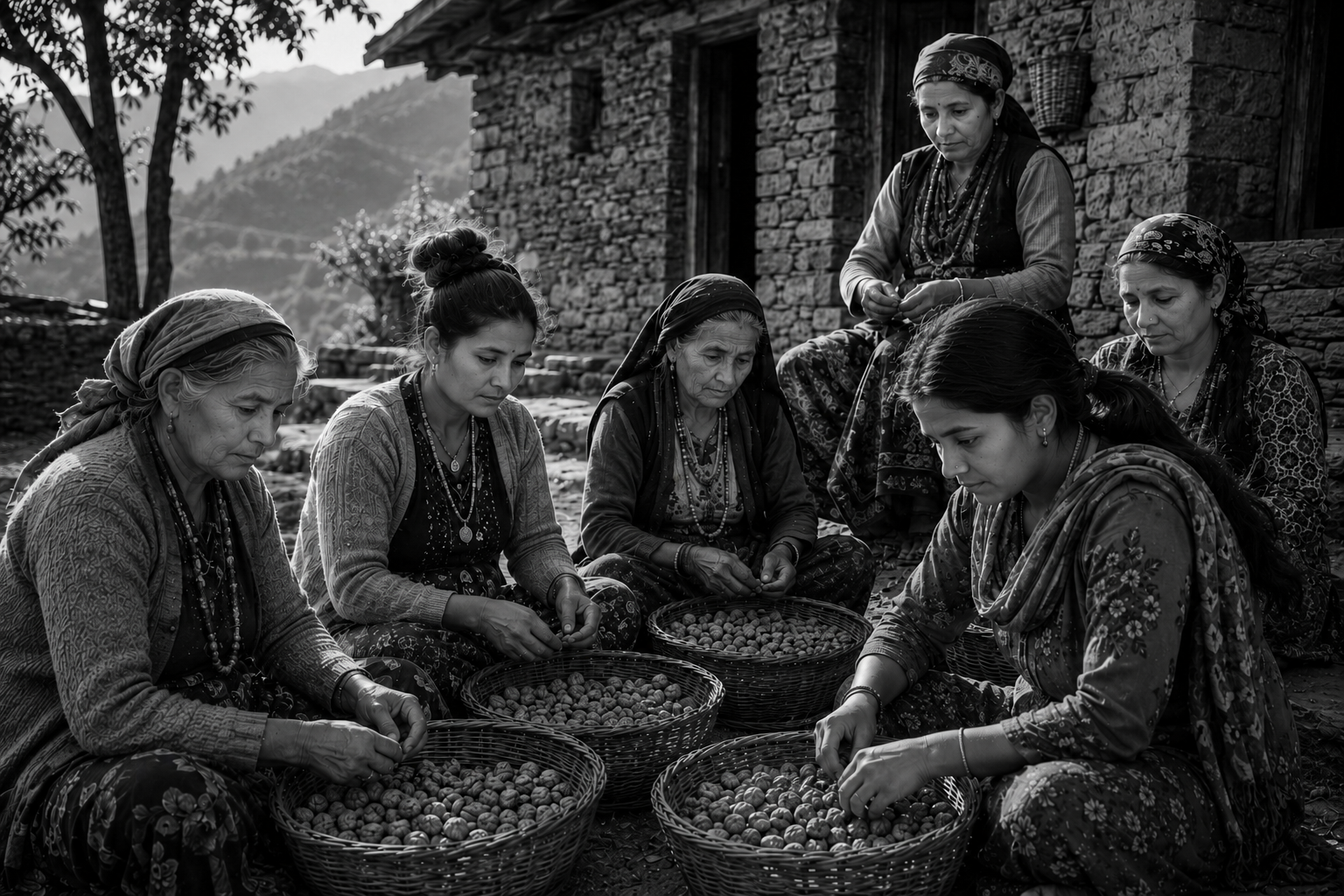 Women from the village hand-sorting freshly harvested walnuts